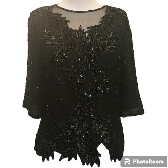 Vintage Unique Black Silk Beaded Top by JRT - Size Large (L) - Picture 1 of 15